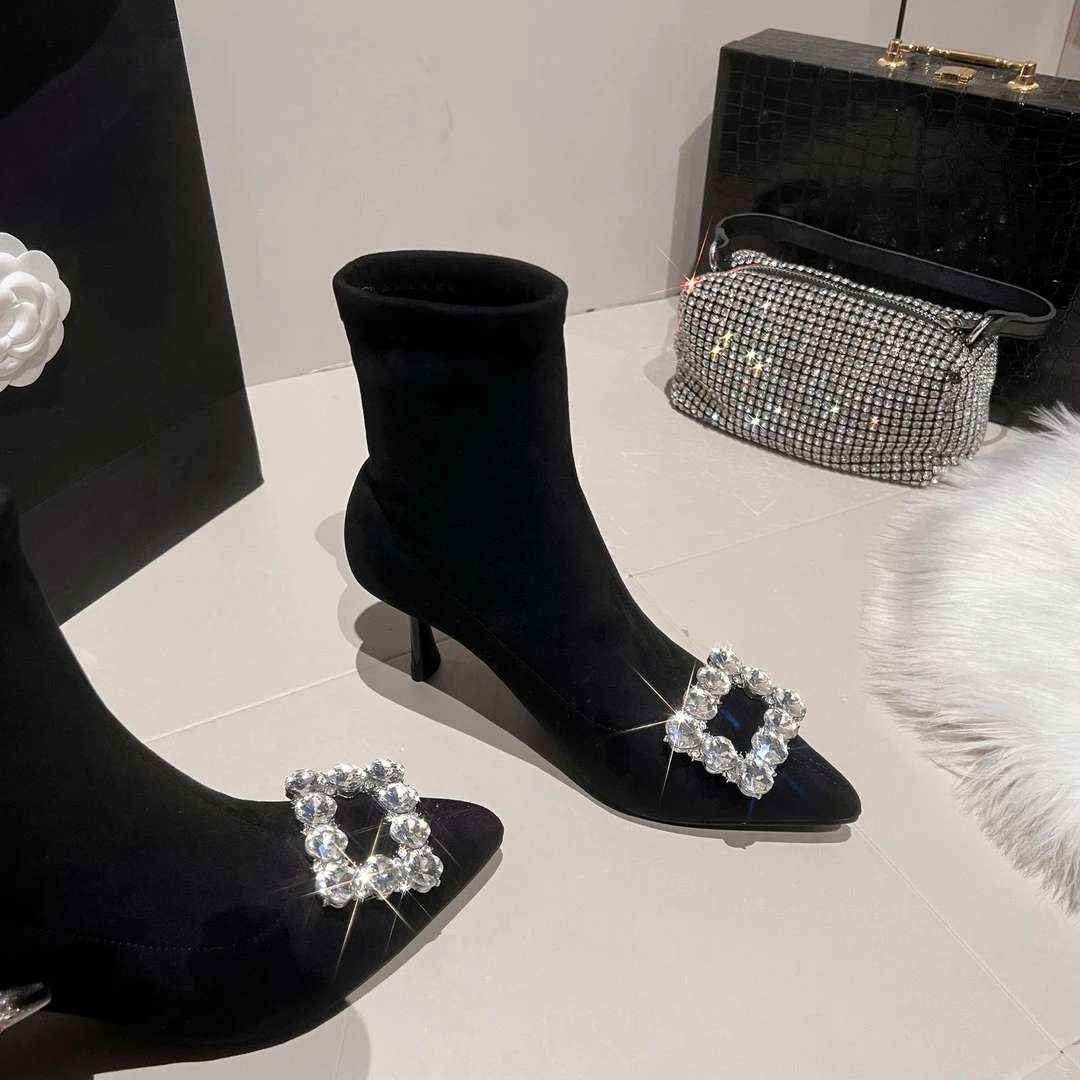 尖头短靴靴子秋冬高跟绒面中筒弹力靴时尚百搭细跟及踝瘦瘦短靴