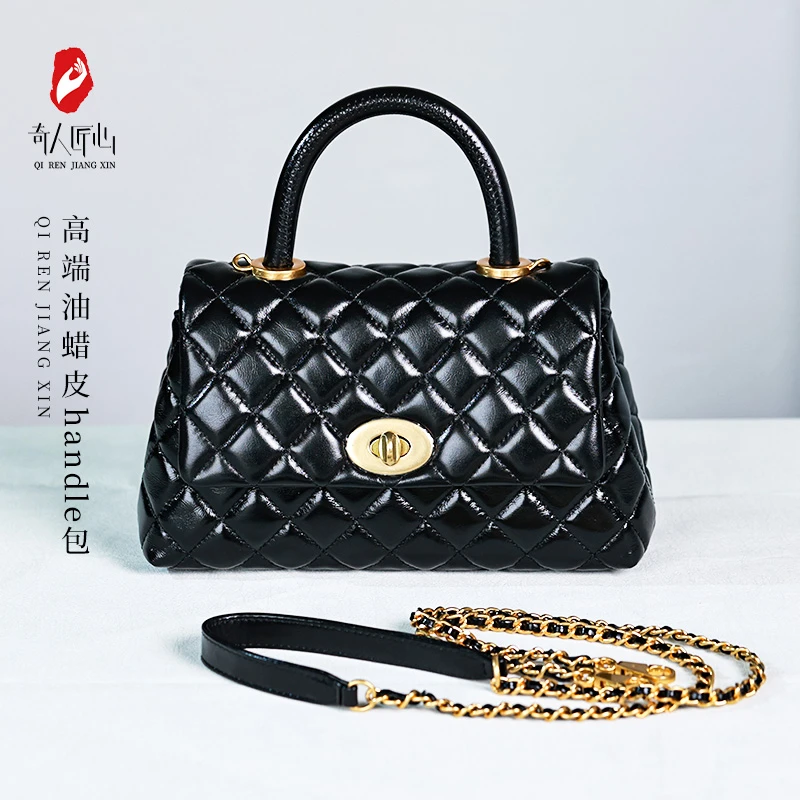 【奇人匠心】油蜡皮handle憨豆包菱格纹女士百搭单肩手提包（直播）