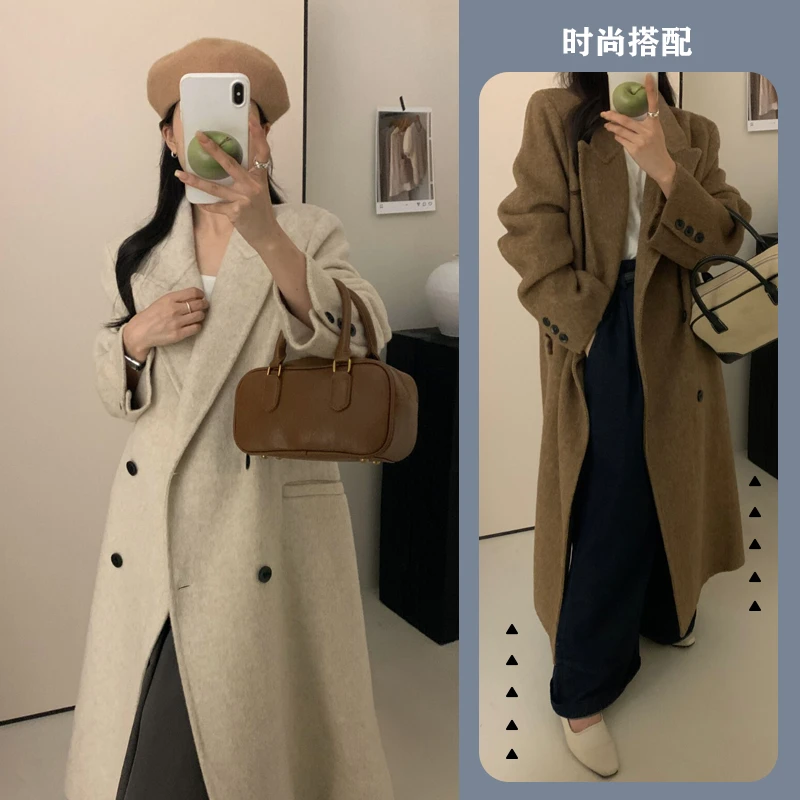 冬季羊毛大衣外套女秋冬高级感高个子长款过膝呢子风衣双排扣加厚