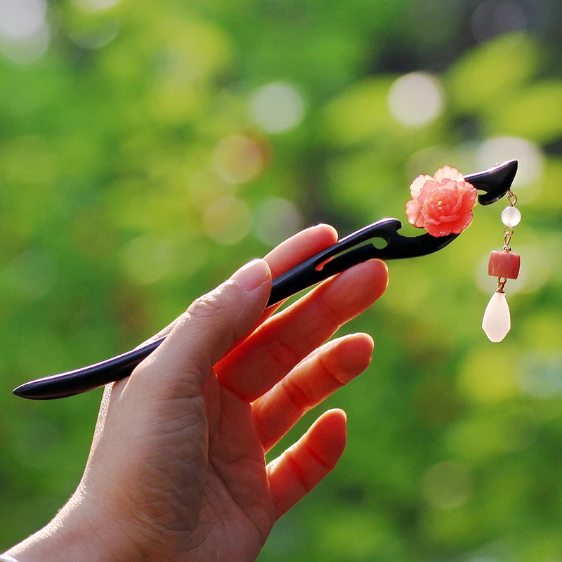 中国风头饰复古日常简约古典发饰手工檀木发簪古风正宗黑檀木发簪