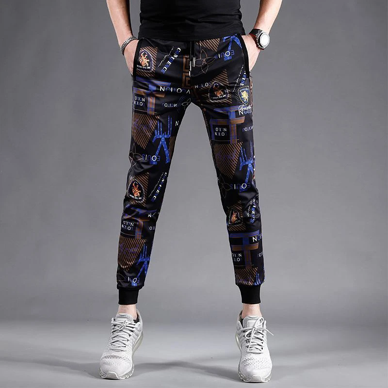 裤子男潮流百搭修身夏季印花运动长裤韩版男士休闲裤时尚束脚裤