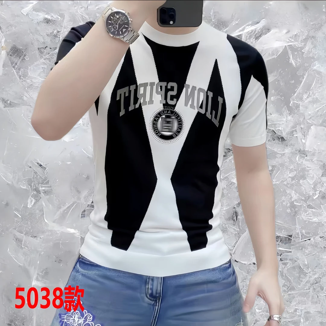 夏季男士薄款冰丝圆领短袖t恤韩版轻奢高品质时尚上衣个性男装