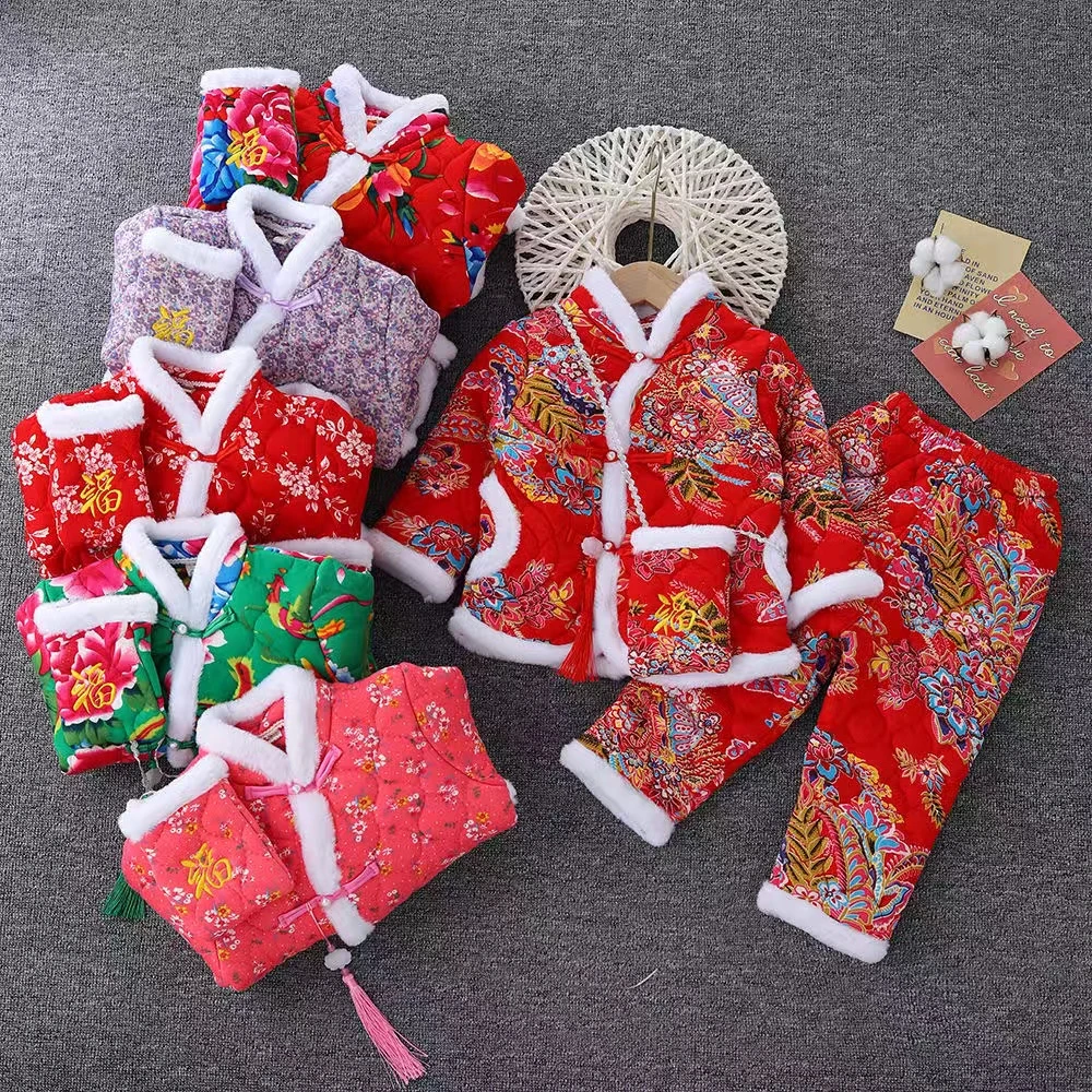 【热销】冬季儿童三层加厚棉袄女童棉服拜年服套装中国风大花袄外穿