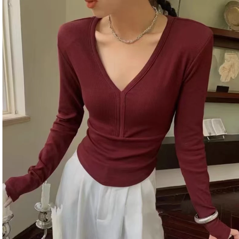 加绒显瘦v领上衣女秋冬简约长袖t恤美拉德磨毛绒打底衫保暖衣3052