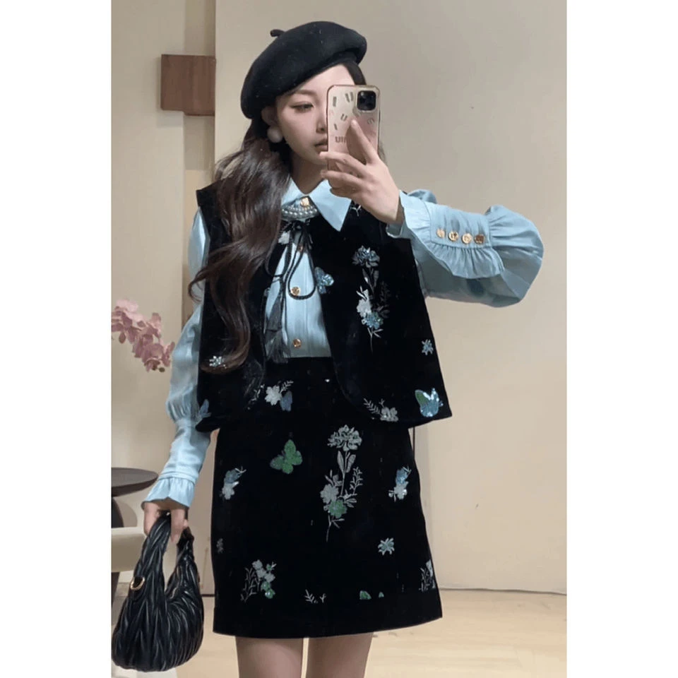 大码胖mm通勤丝质长袖衬衫亮片蝴蝶无袖马甲半裙三件套装女秋2024