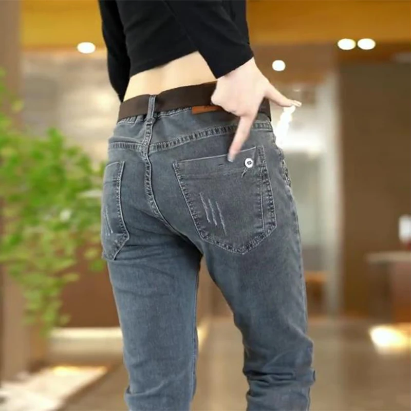 2023新款灰色牛仔裤男士小脚修身夏季薄款弹力直筒休闲长裤子百搭