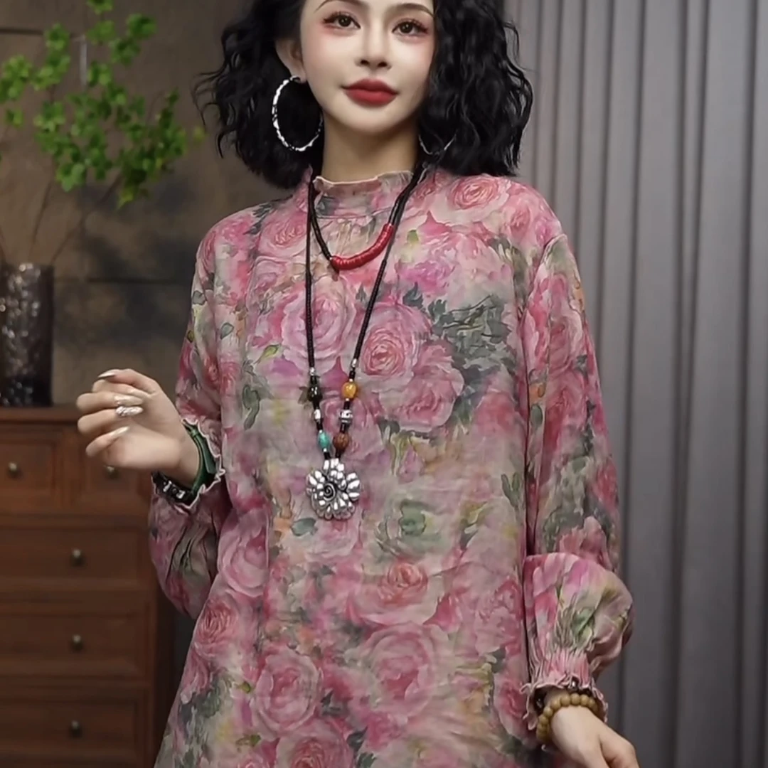 【乔一推荐】2024夏季印花国风复古透气100%苎麻女连衣裙25523