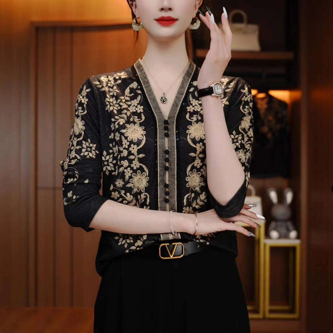 新款秋冬高端印花秋冬新款长袖女上衣针织提花遮肉显瘦百搭显贵气