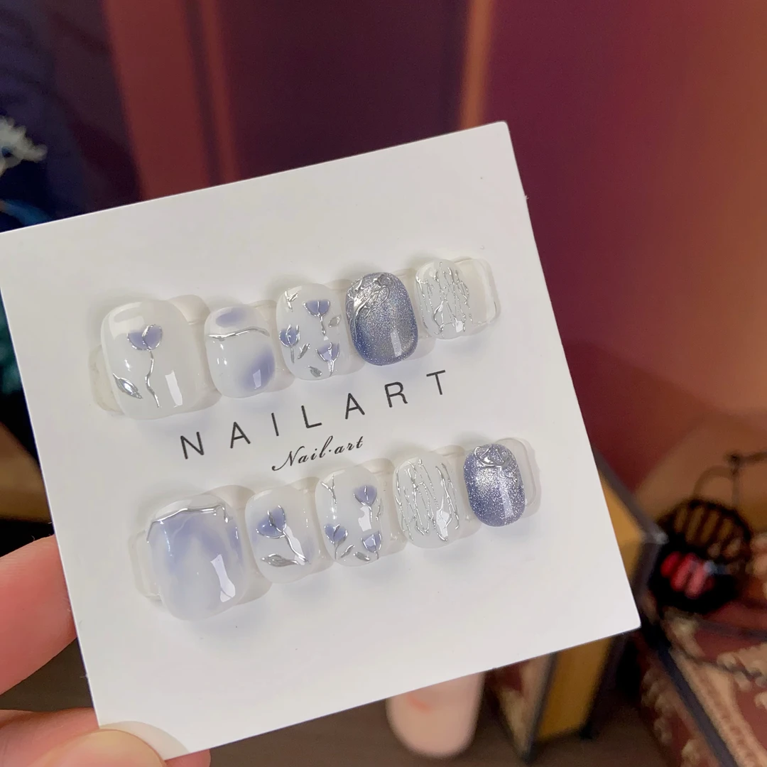 蓝白┃纯手工穿戴甲 冰透水蓝色美甲猫眼穿戴式ins风美甲贴