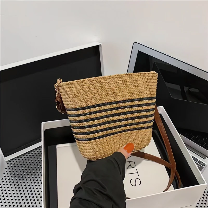 小款编织条纹草编新款复古女包时尚手提包外出斜挎包女包沙滩旅游