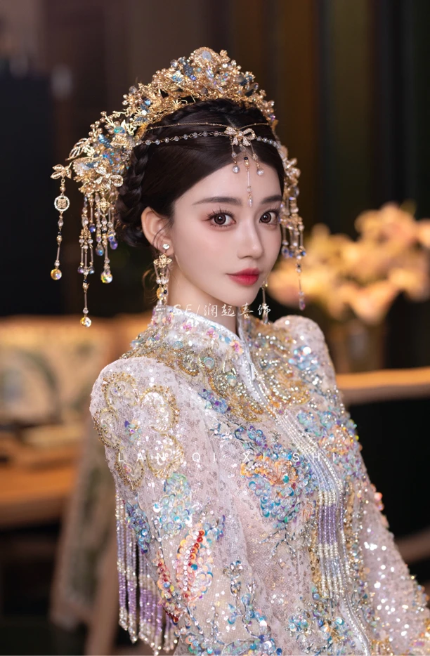 SE新娘饰品 蓝金浅色系秀禾蝴蝶结眉心链七件套