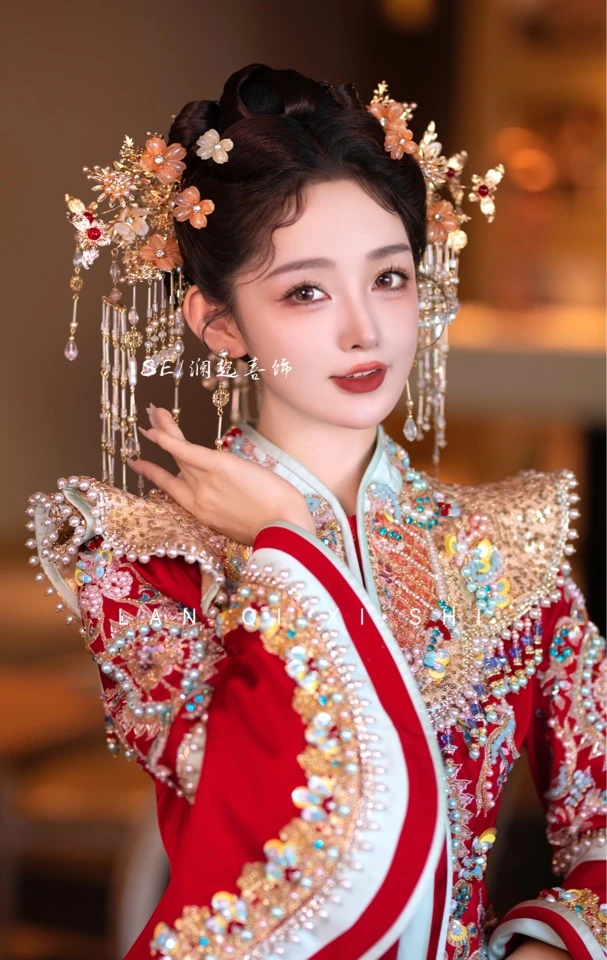 SE新娘饰品 琉璃花朵分体长流苏减龄新娘秀禾头饰