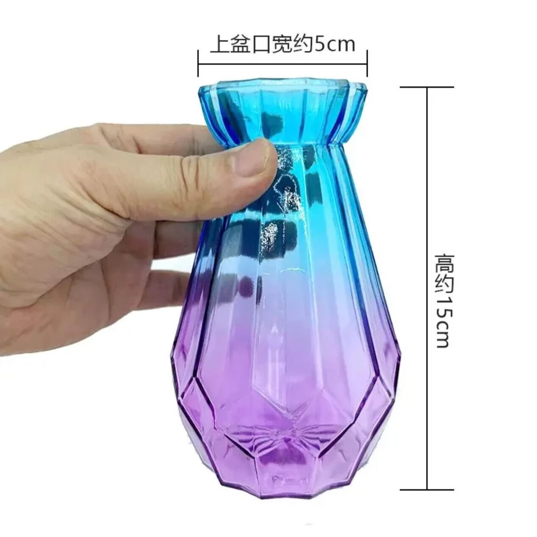 拍1个发2个新款彩色钻石玻璃鲜花瓶客厅装饰摆件渐变色玻璃插花