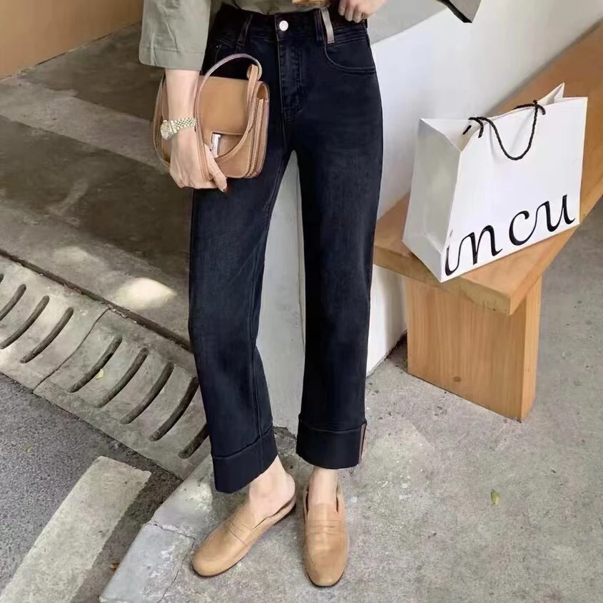 2023新款秋冬底抓毛高腰显瘦烟管牛仔裤法棍裤洋气高档高品质女装