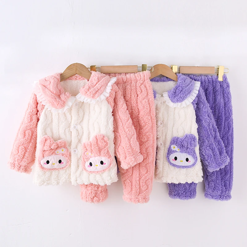 秋冬款娃娃领家居服女童睡衣儿童法兰绒珊瑚绒加厚套装小童两件套