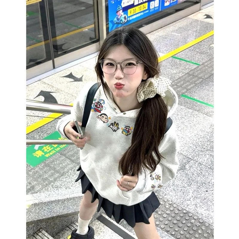 甜美卡通原版刺绣连帽卫衣女秋冬小众设计感纽扣美式潮牌宽松外套