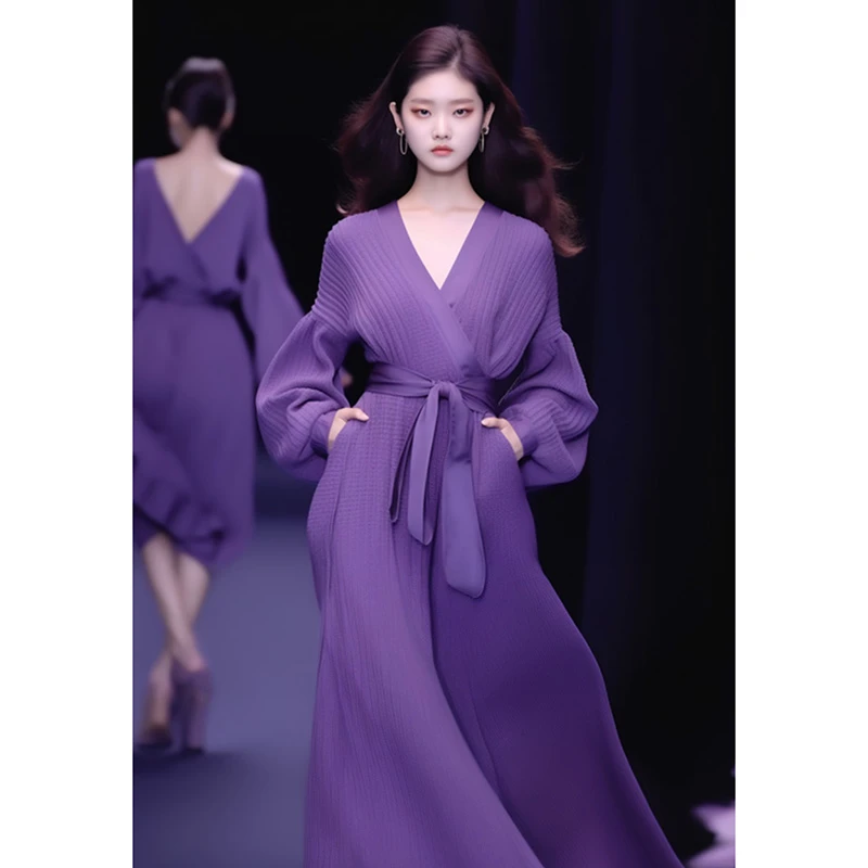 QDA27689高端精致洋气减龄法式气质垂坠感紫色针织连衣裙子女装秋