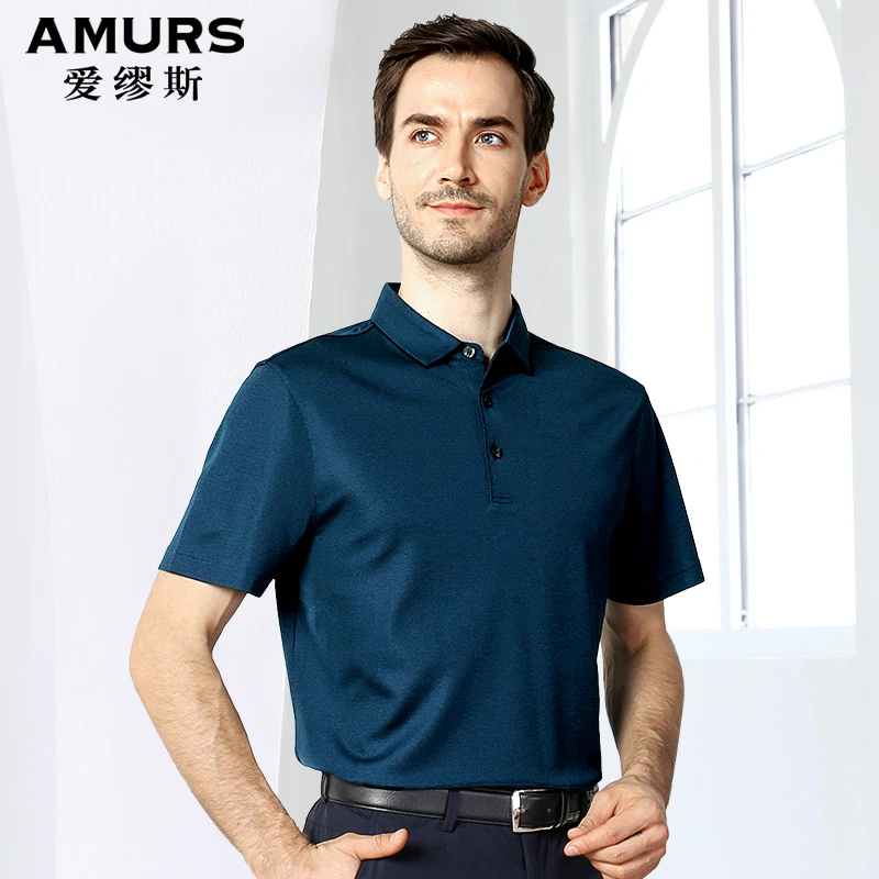 爱缪斯重磅纯桑蚕丝短袖t恤高端中年男士翻领夏季休闲大码体恤