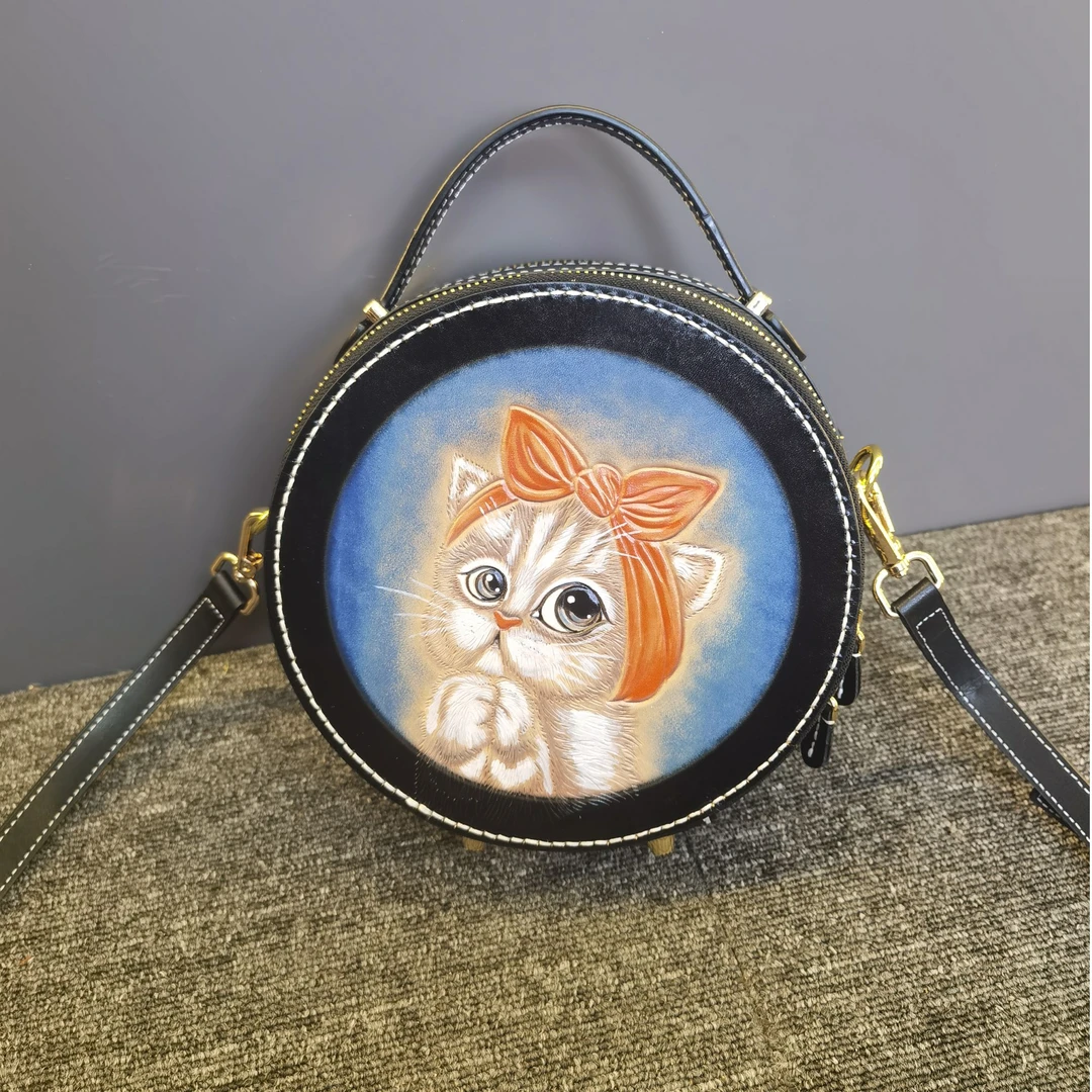 火不火头层牛皮小众时尚潮牌蝴蝶猫手工手绘复古洋气女包新款挎包