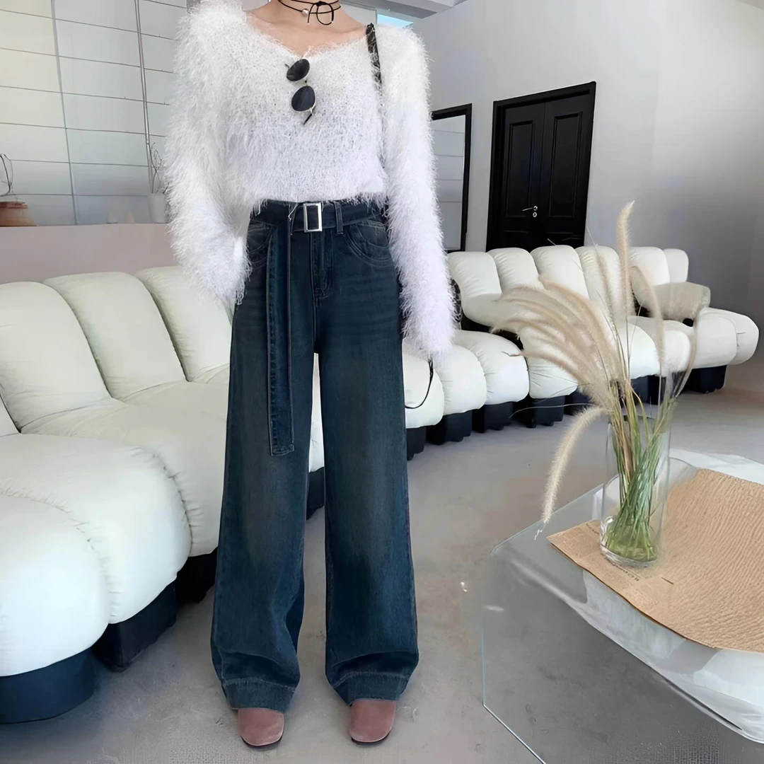 时尚腰带复古蓝直筒裤A2