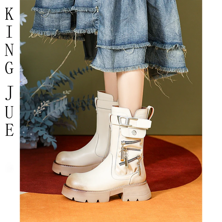 【王爵】沙漠骑士靴/圆头短筒粗跟马丁靴/英伦风厚底拉链白色女短靴