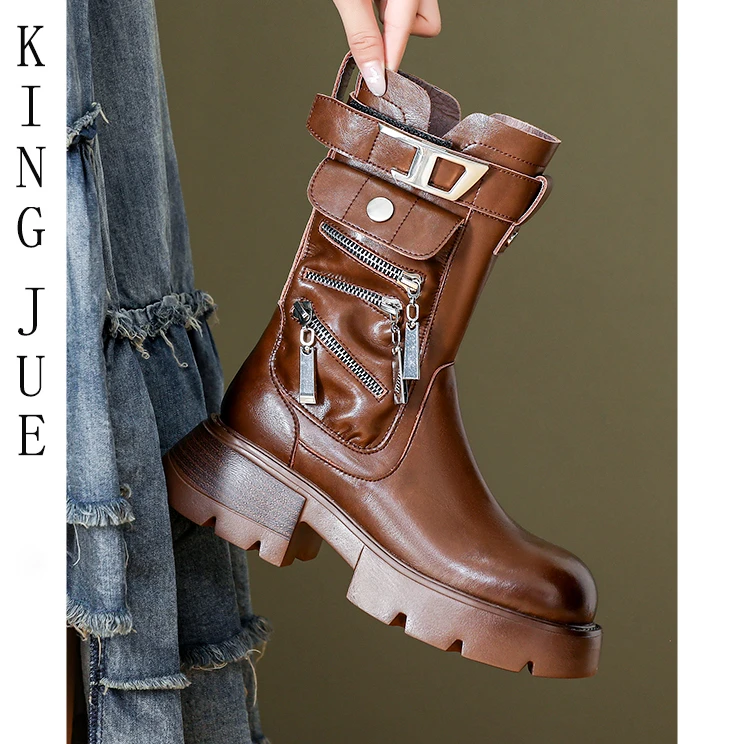 【王爵】沙漠骑士靴/圆头短筒粗跟马丁靴/英伦风厚底拉链白色女短靴