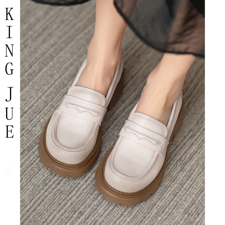 【王爵】厚底乐福鞋英伦风皮鞋真皮乐福鞋复古中跟松糕跟套脚单鞋