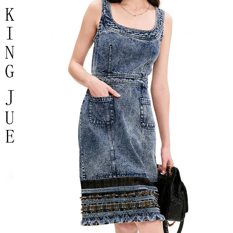 【王爵】手工牛仔搭配女鞋连体中长款牛仔背心裙夏季修身百搭女鞋裙