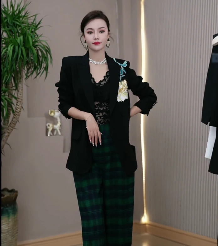 秋冬新款原创设计师重工刺绣装套装时尚中长款修身气质西装2418