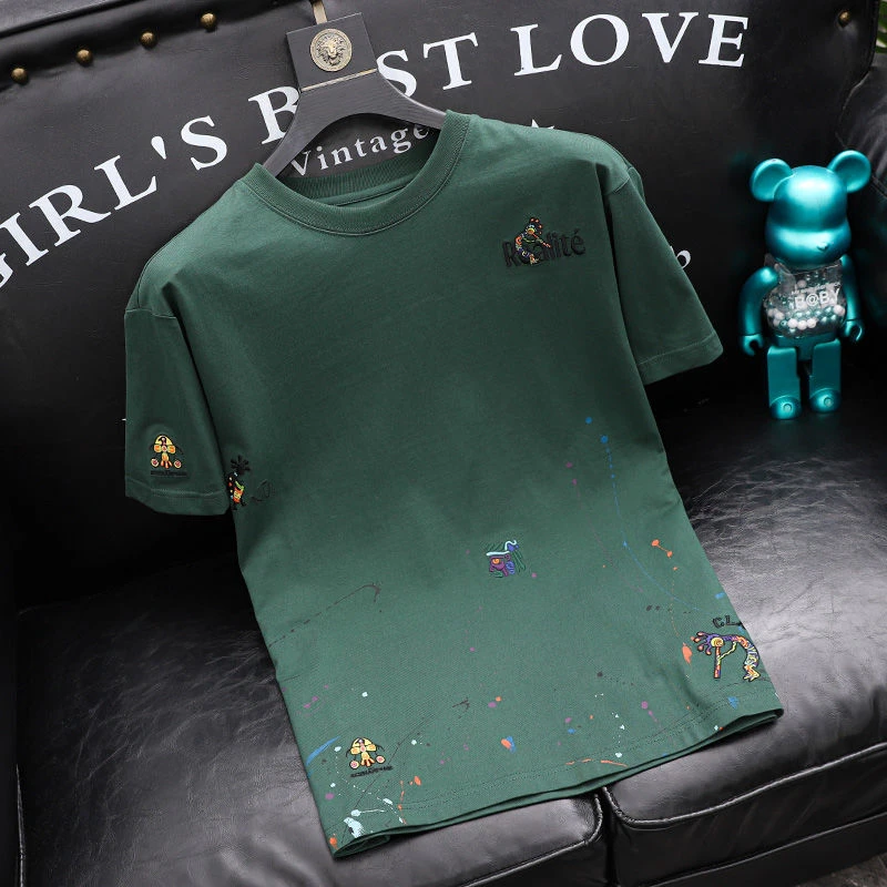 重磅美式潮牌泼墨刺绣印花短袖T恤2025夏季新款轻奢男士半袖小衫