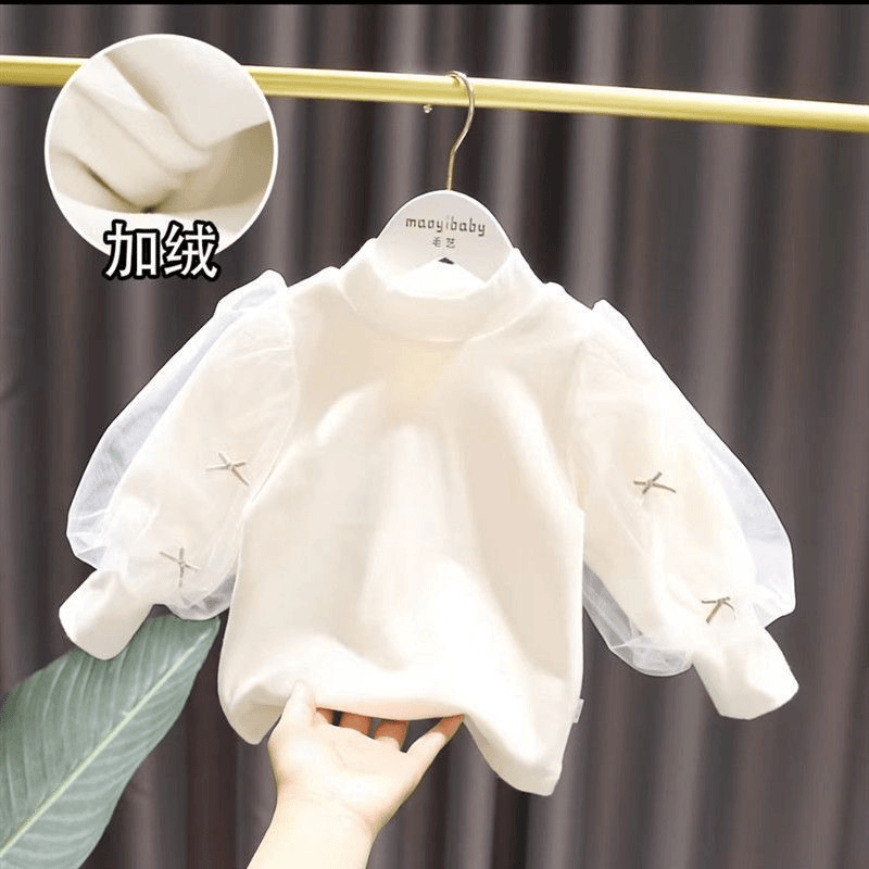 女童网纱灯笼泡泡袖打底衫2023新款春秋冬儿童加绒半高领韩版T恤