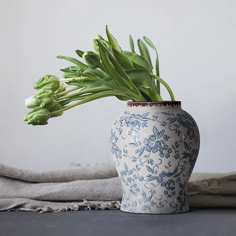 鹿岗创意家居复古青花陶瓷花瓶水养鲜插花客厅桌面台面装饰摆件