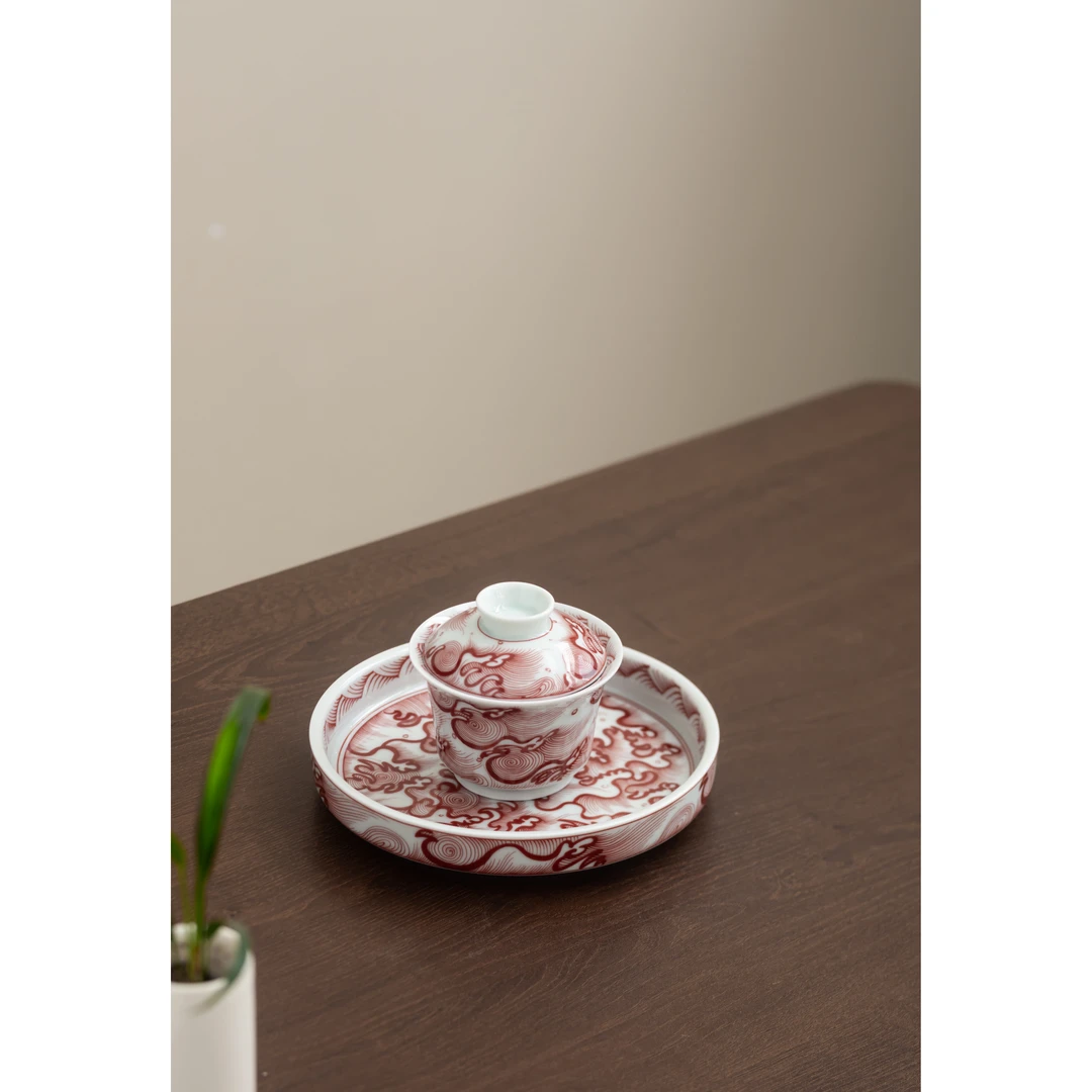 复古釉里红海浪马蹄三才盖碗（简装）