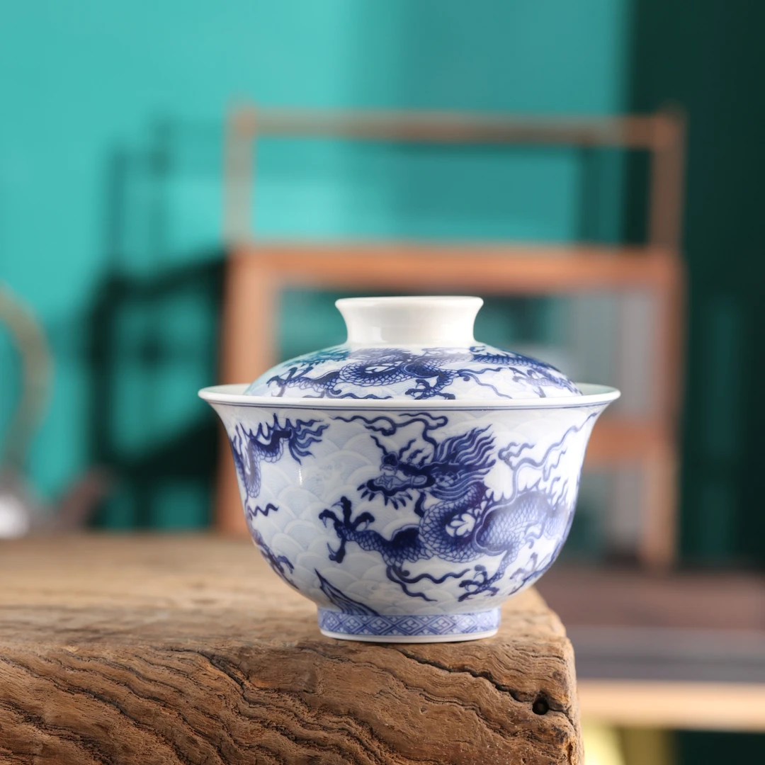 复古青花龙纹二才盖碗陶瓷中式家用瓷盖碗