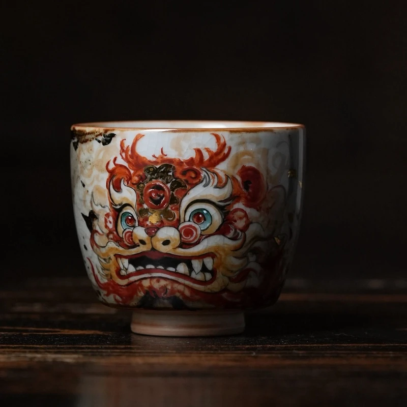 柴烧中式手绘龙狮高端主人杯手绘茶杯陶瓷禅定杯名窑罗汉杯品茗杯