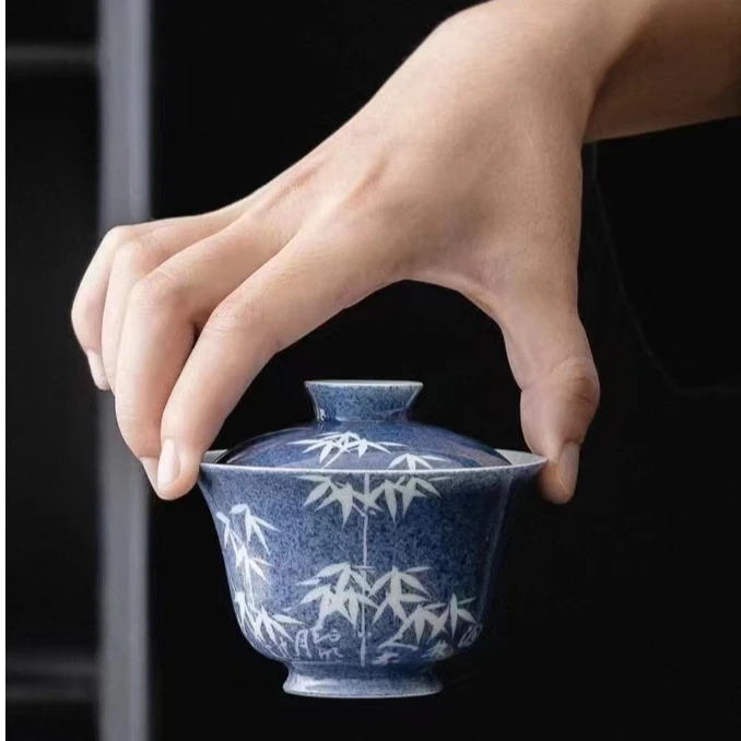 中式复古洒蓝青平乐竹家用二才盖碗（安全包装）