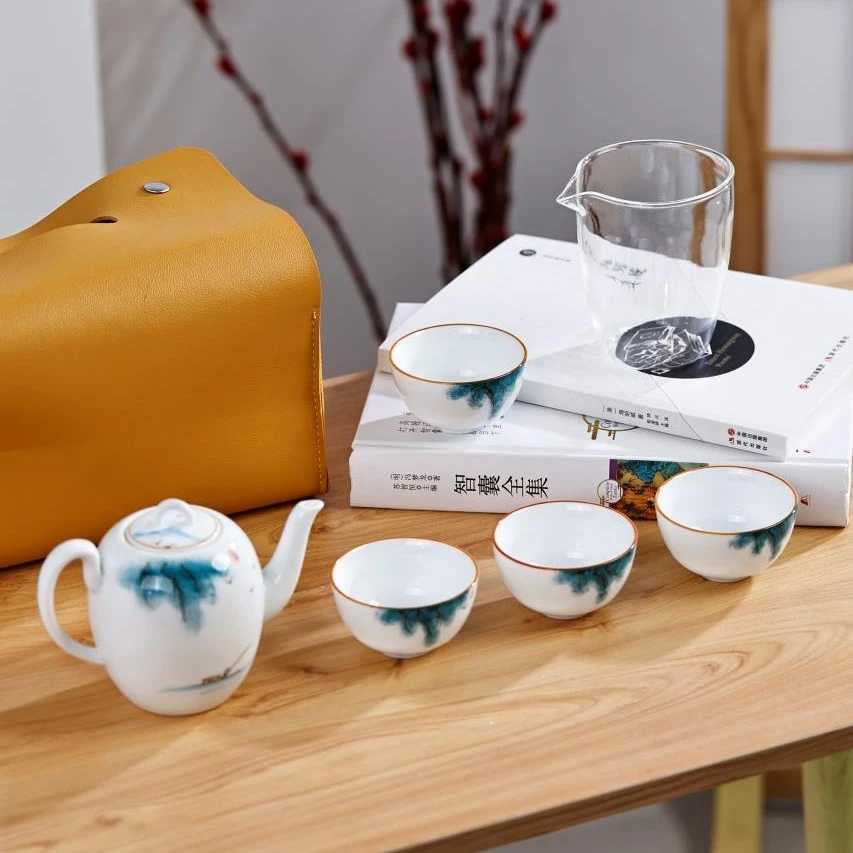 荷韵一壶四杯旅行茶具家居便携方便手绘壶套装轻奢款小资茶器陶瓷
