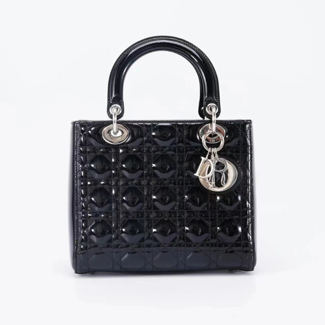 99新 DIOR/迪奥 五格戴妃漆皮包 黑银