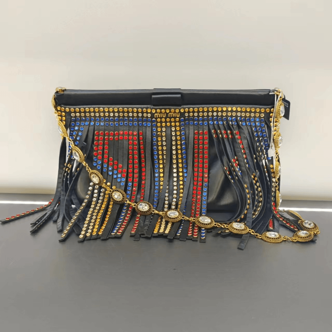 95新 MIU MIU/缪缪 黑色流苏钻链单肩包【5型潮奢】