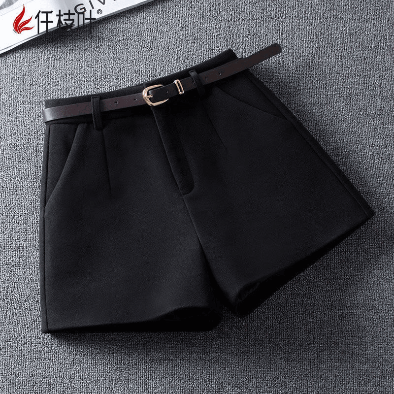 外穿毛呢短裤女秋冬季2023新款高腰字靴裤显瘦配靴子西装阔腿裤