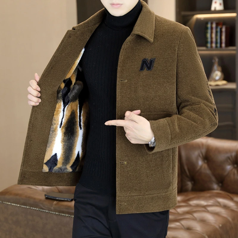 秋冬季新款高档呢夹克加绒加厚保暖休闲修身外套短款翻领夹克