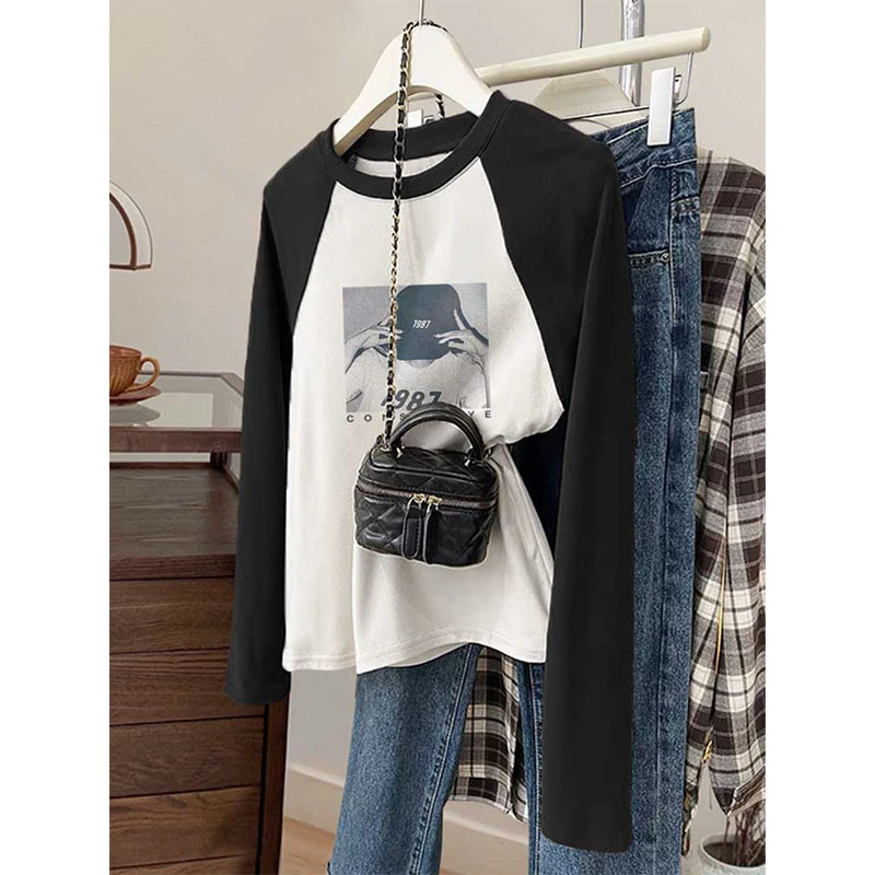 圆领德绒撞色磨毛正肩长袖t恤女设计感小众冬季加厚款保暖打底衫