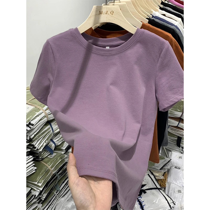 正肩磨毛短袖t恤女2024新款百搭洋气短款上衣加厚打底衫春秋冬季