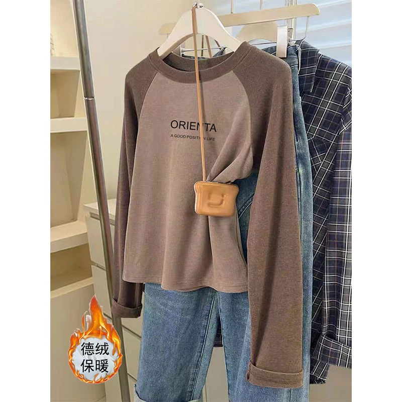 2024新款秋冬圆领德绒撞色长袖t恤女加厚款上衣内搭可外穿打底衫