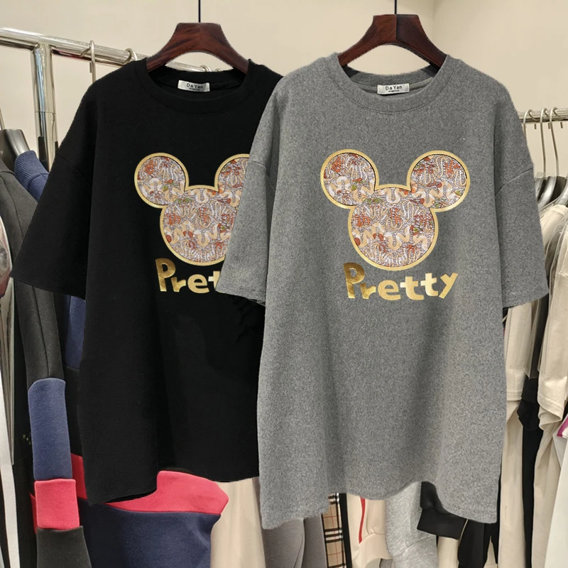 欧货磨毛短袖t恤女中长款搭配鲨鱼裤上衣加厚内搭打底衫春夏秋季