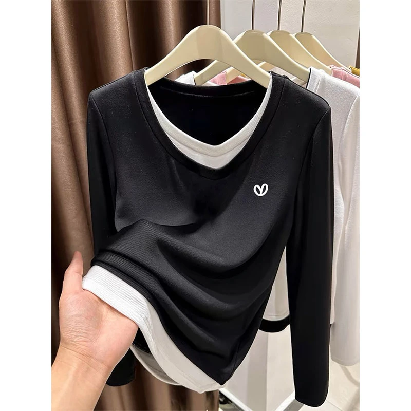 V领假两件长袖t恤女休闲减龄时尚百搭打底衫上衣2024早秋冬季新款