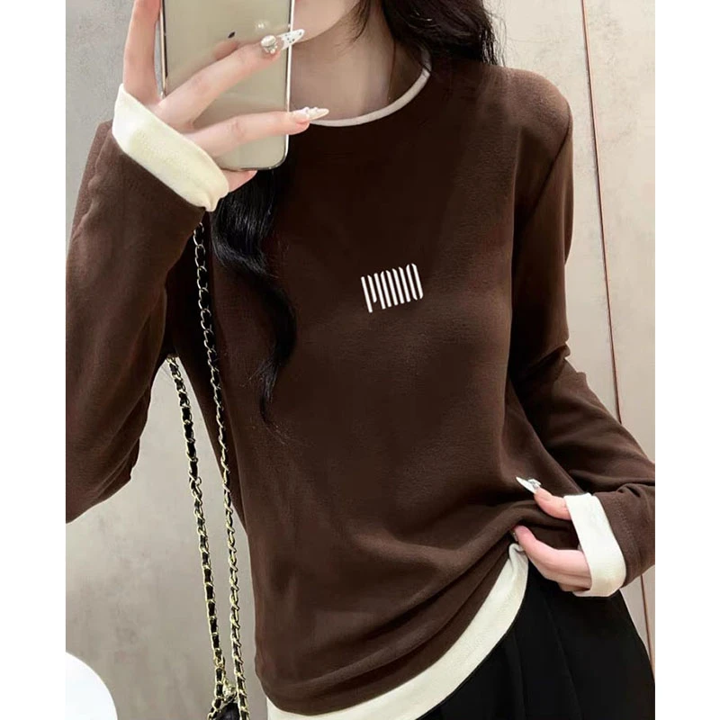 假两件设计感德绒磨毛长袖t恤女加厚保暖内搭打底衫2024秋冬季新