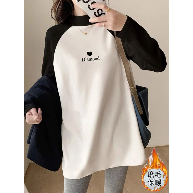 半高领拼色磨毛长袖t恤女中长款2024新款加厚款打底衫上衣秋冬季