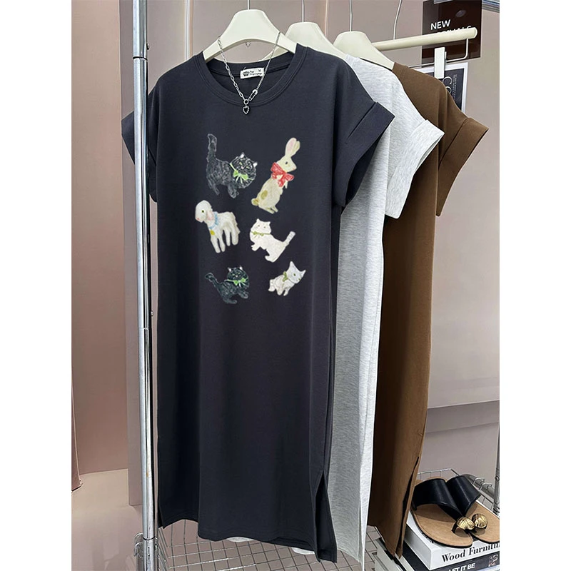 2024新款短袖t恤裙女夏季韩版宽松过膝长裙ins潮时尚连衣裙中长款