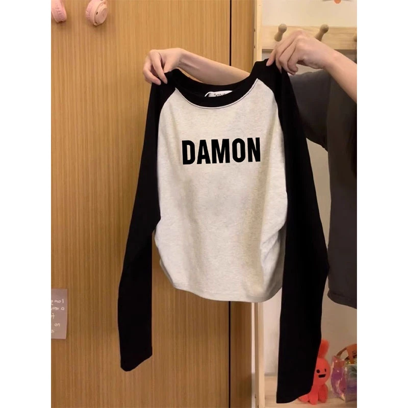 正肩圆领长袖t恤女2024春秋新款时尚洋气收腰显瘦打底衫秋季上衣